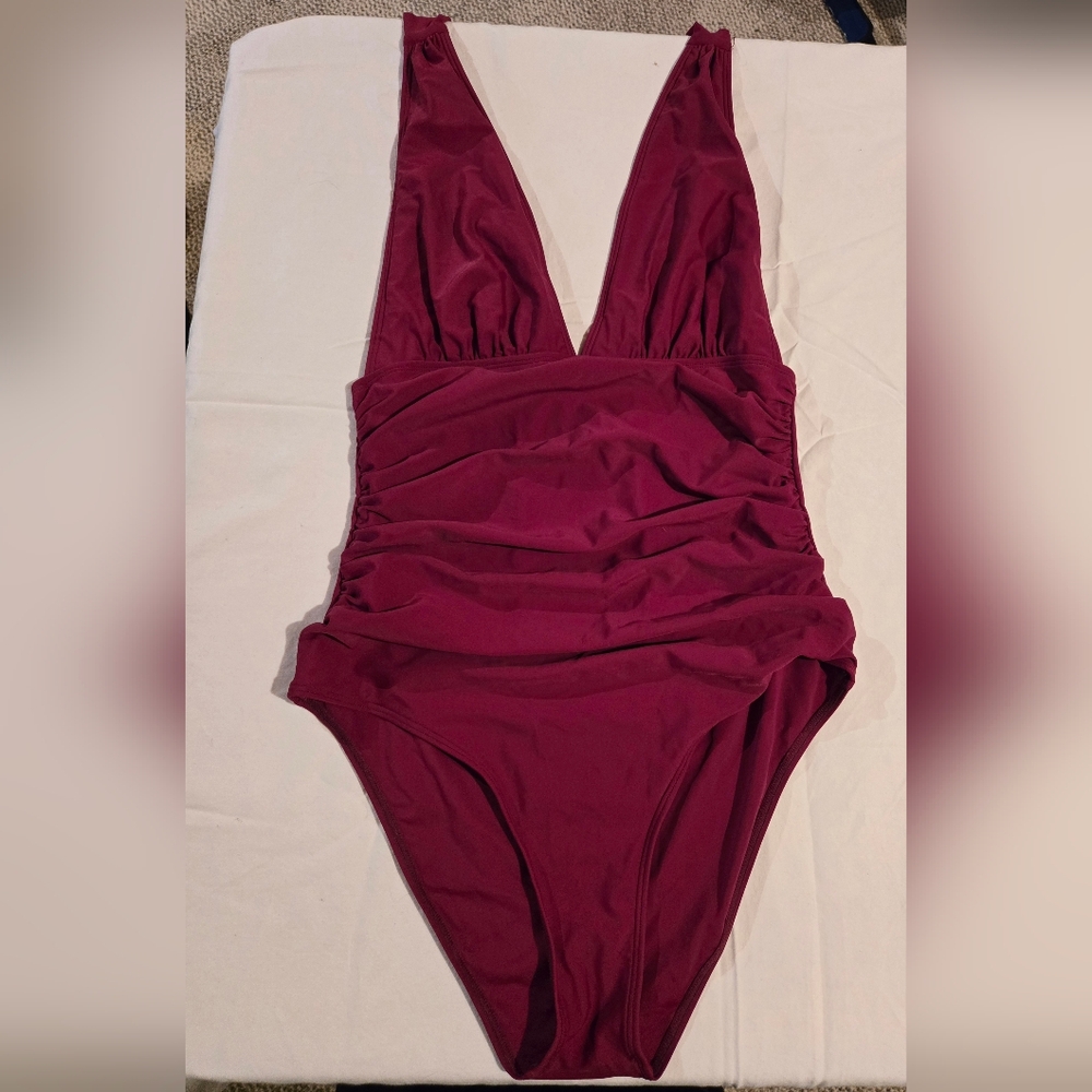 Plunge One-Piece Swimsuit in Deep Wine